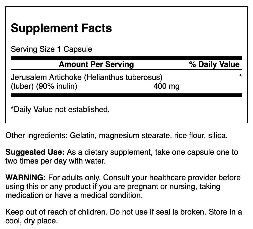 Close-up of Swanson Jerusalem Artichoke capsules (400 mg) in bottle