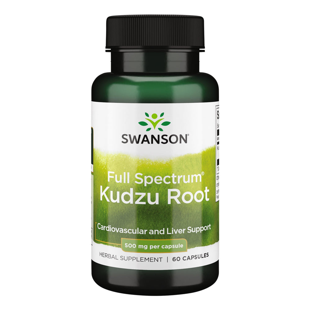 Swanson Kudzu Root bottle front—premium herbal supplement packaging for heart and liver support.