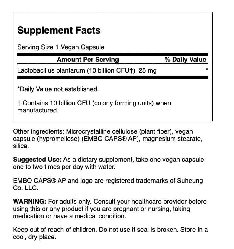 Close-up of Lactobacillus plantarum capsules showing 10 billion CFUs