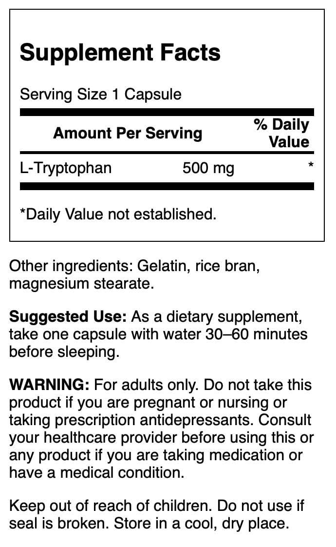 Swanson L-Tryptophan bottle label detail showing 500 mg per capsule