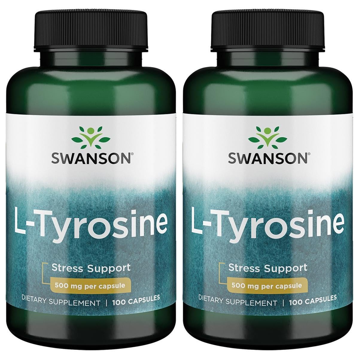 Swanson L-Tyrosine supplement bottle, 100 capsules, 500mg each, 2-pack