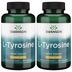 Swanson L-Tyrosine supplement bottle, 100 capsules, 500mg each, 2-pack