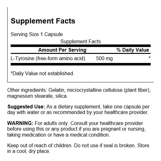 Swanson L-Tyrosine bottle front, easy-to-swallow capsules for focus and memory health
