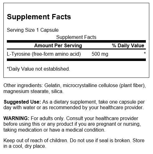 Close-up of L-Tyrosine ingredients label