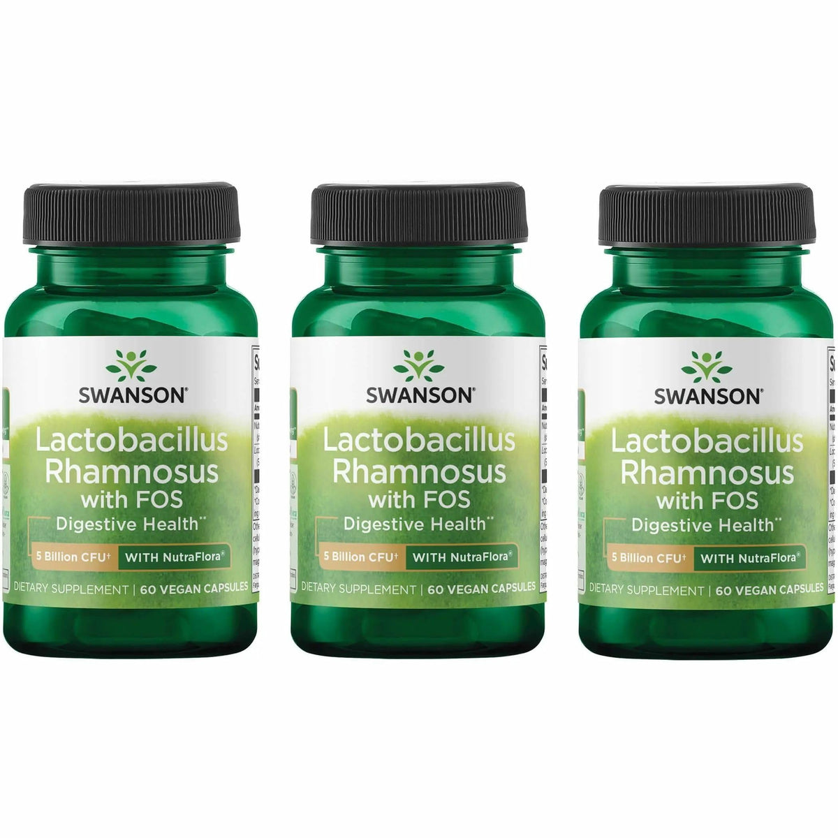 Swanson probiotic bottle front view with 3-pack and 60 veggie caps