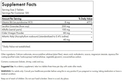 Supplement ingredients include lecithin, kelp, B-6, and cider vinegar