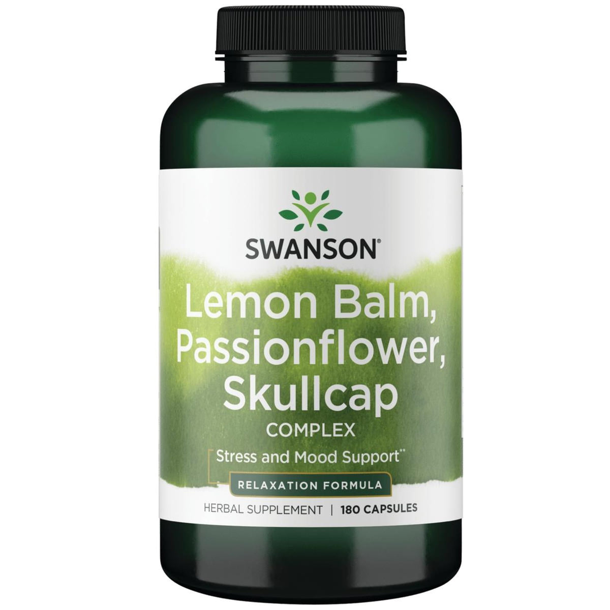 Bottle of Swanson Lemon Balm Passion Flower Skullcap Complex 180 capsules