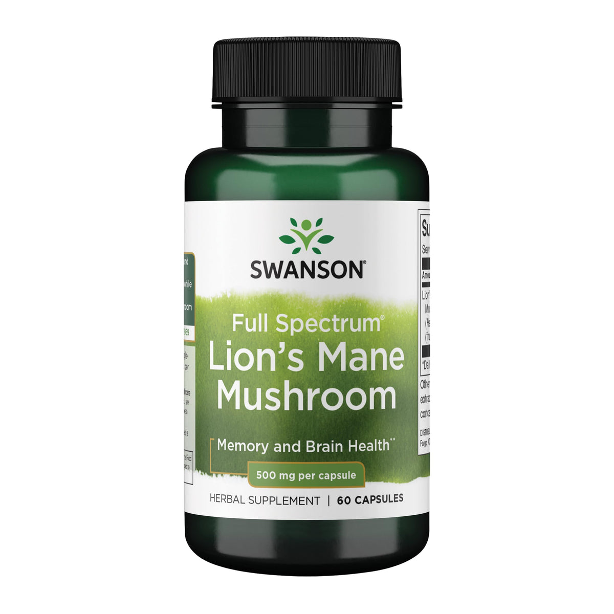 Bottle of Swanson Lion's Mane capsules on white background