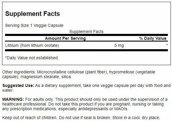 Back of the Swanson Lithium Orotate 5 mg bottle showing supplement facts (2-pack)
