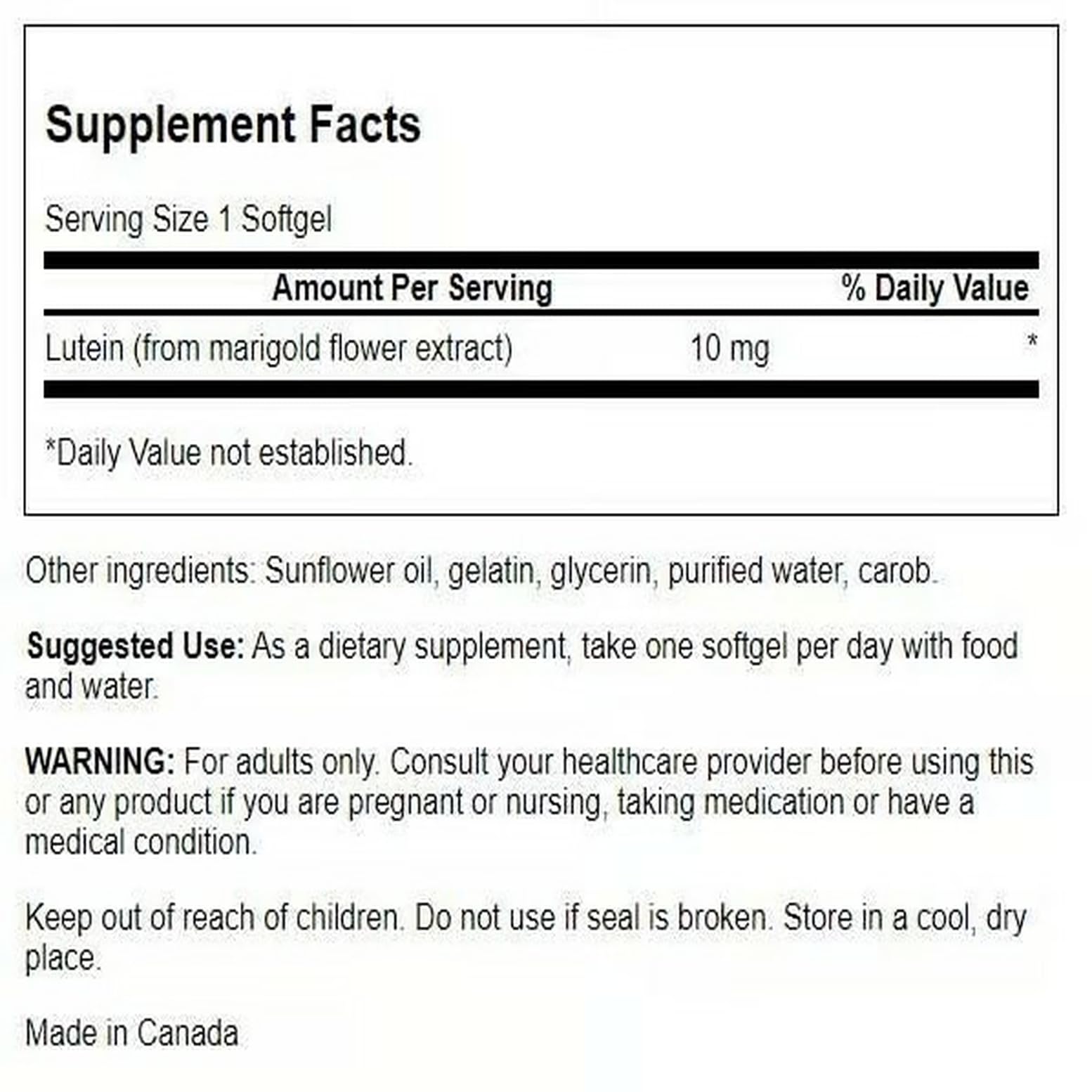 Close-up of Swanson Lutein 10 mg bottle label