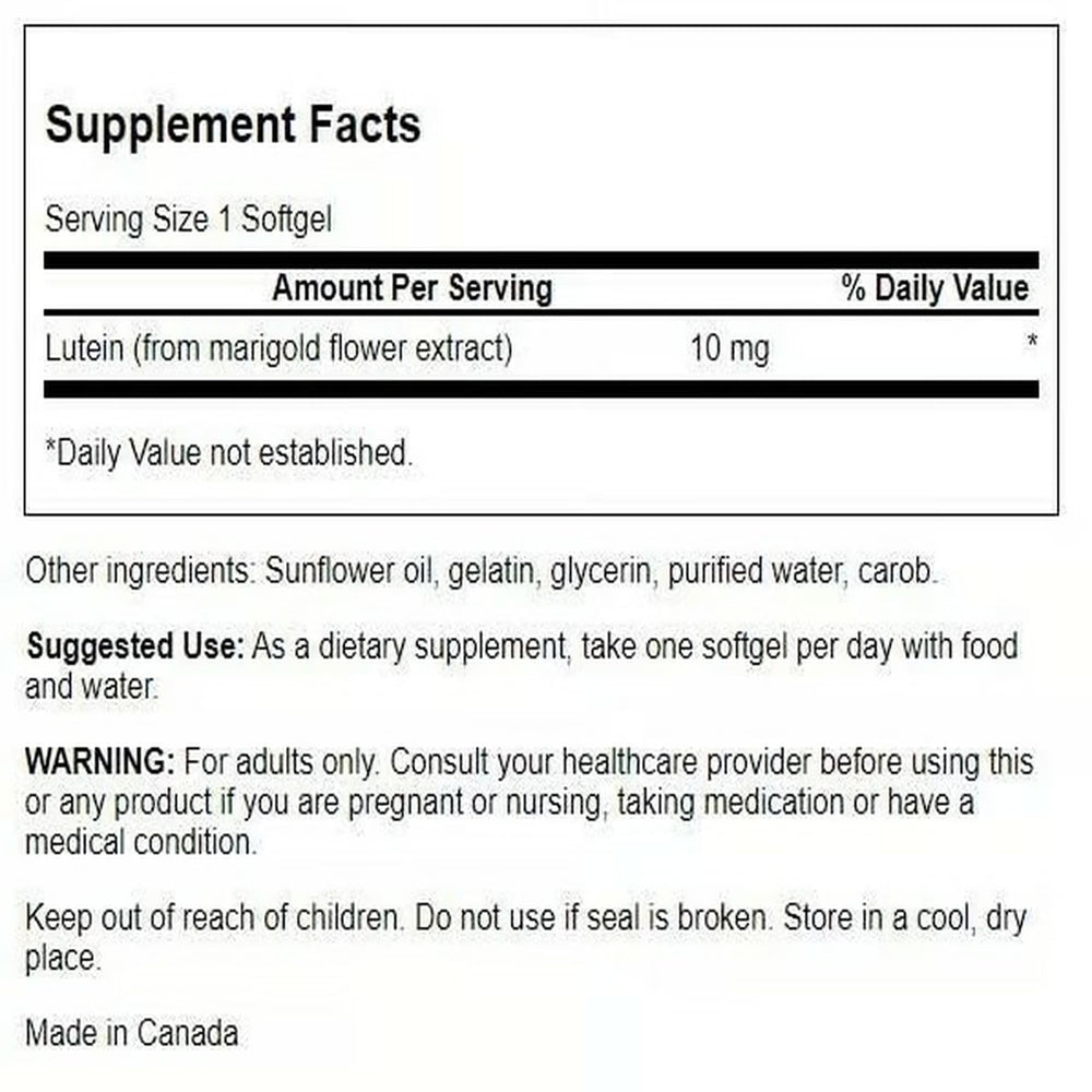 Close-up of Swanson Lutein 10 mg bottle label