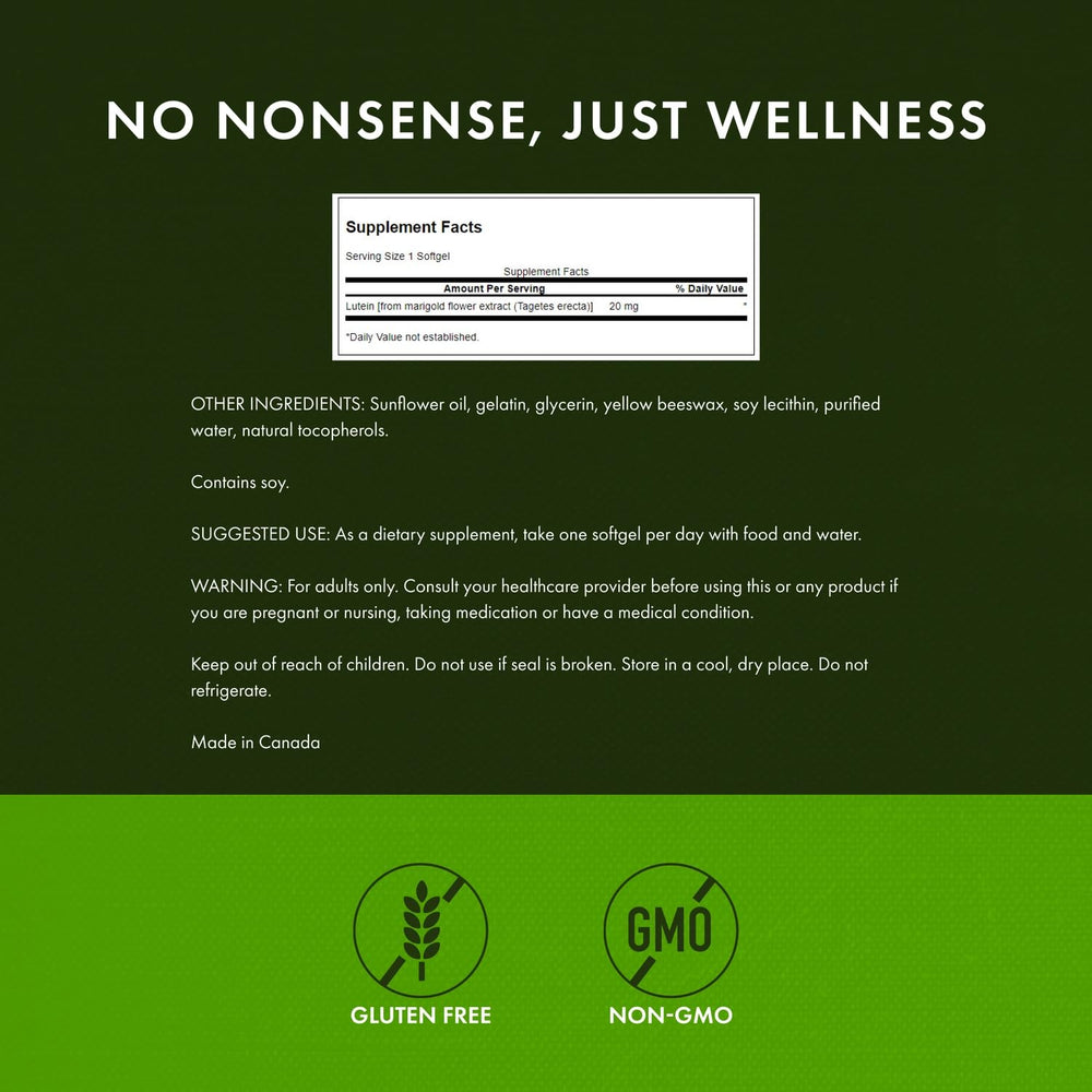 Close-up of Swanson Lutein softgels in bottle