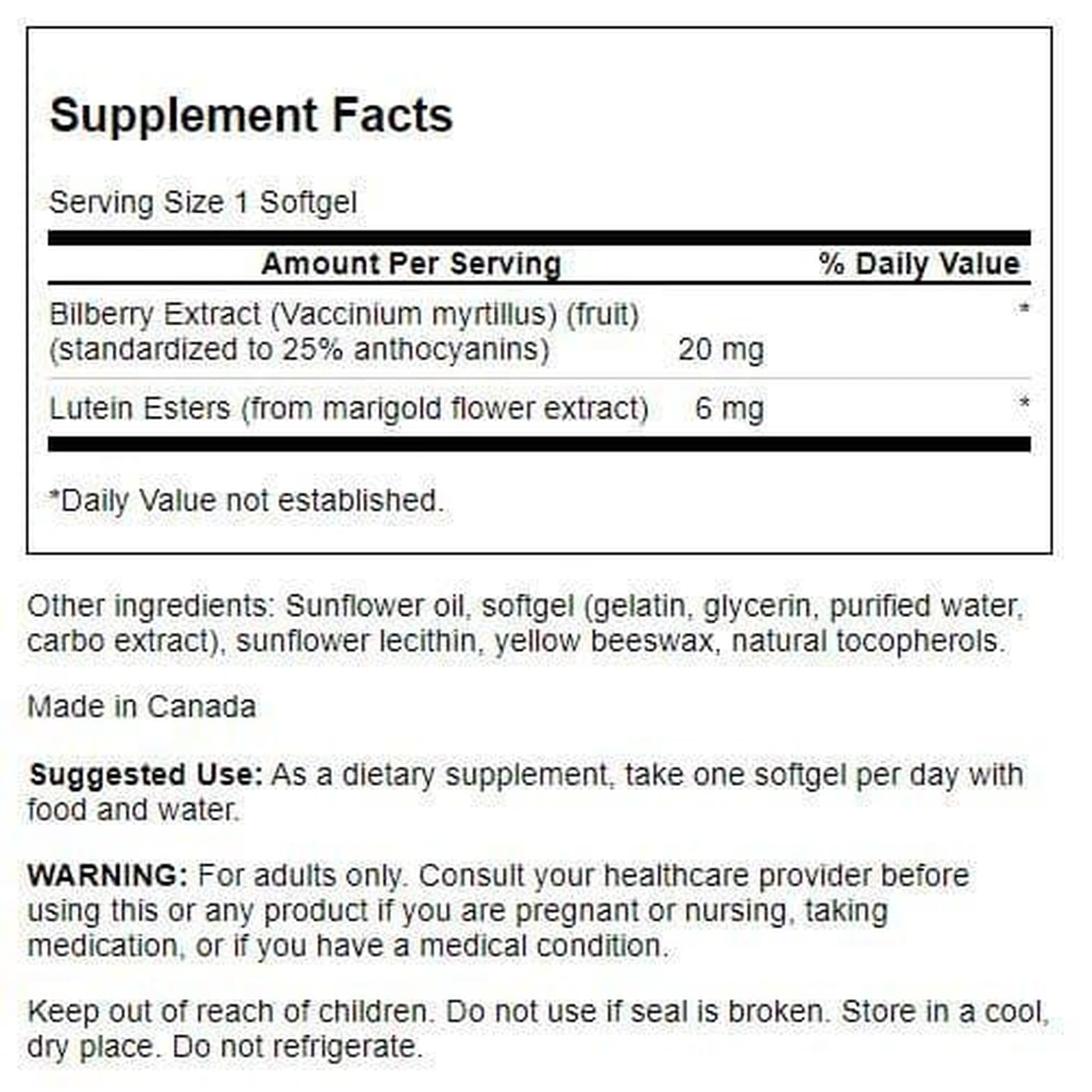 Swanson Lutein & Bilberry 120 softgels label