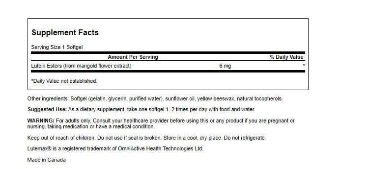 Swanson Lutein Esters with Lutemax 6 mg – packaging and label (2-pack)