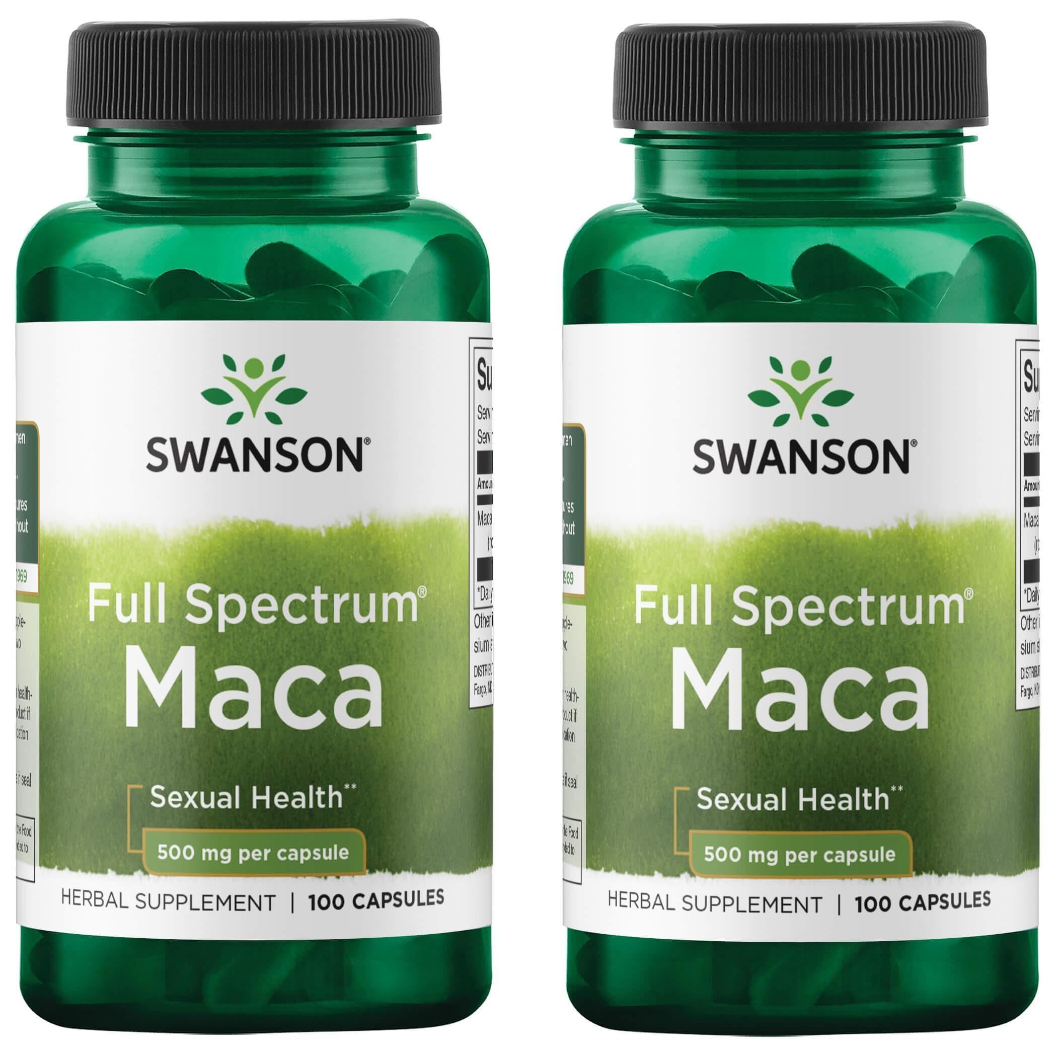 Swanson Maca 500 mg 2-pack bottle with 100 capsules promoting vitality and hormone balance