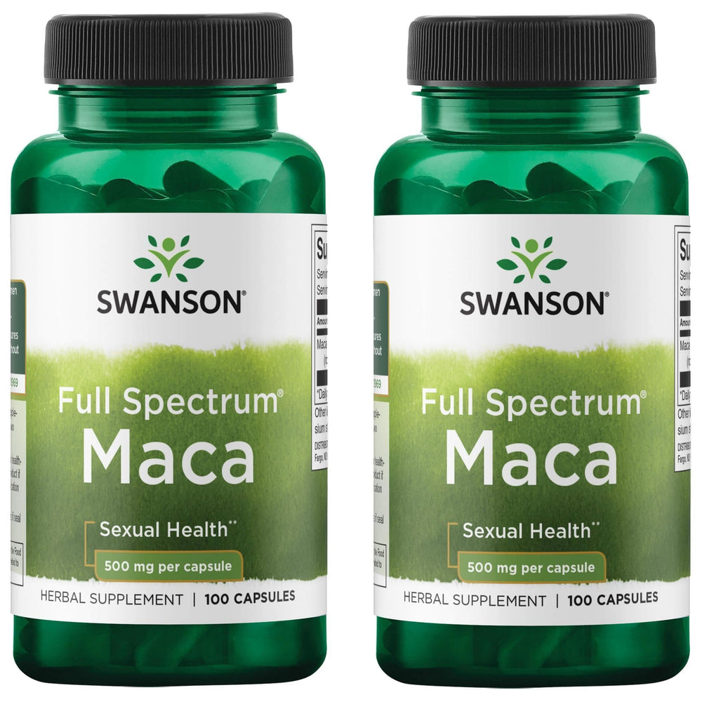 Swanson Maca 500 mg 2-pack bottle with 100 capsules promoting vitality and hormone balance