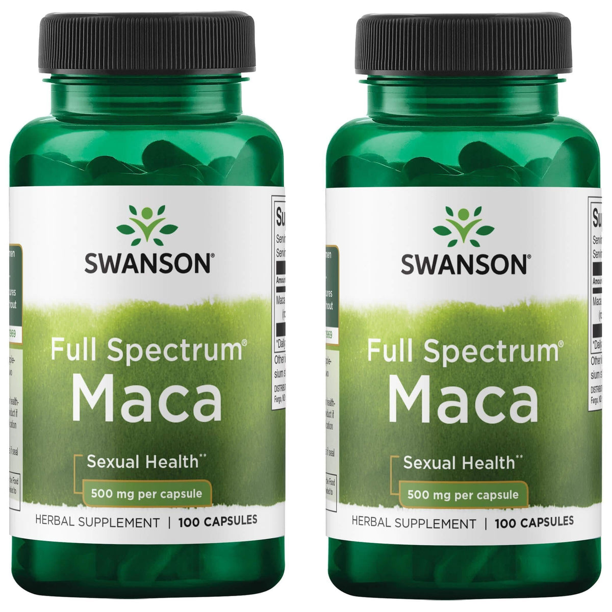 Swanson Maca 500 mg 2-pack bottle with 100 capsules promoting vitality and hormone balance
