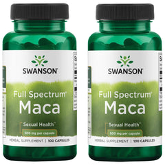Swanson Maca 500 mg 2-pack bottle with 100 capsules promoting vitality and hormone balance