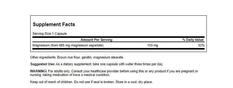 Label of Swanson Magnesium Aspartate 685 mg 90 capsules 2-pack