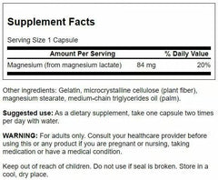 Close-up of supplement facts on Swanson Magnesium Lactate