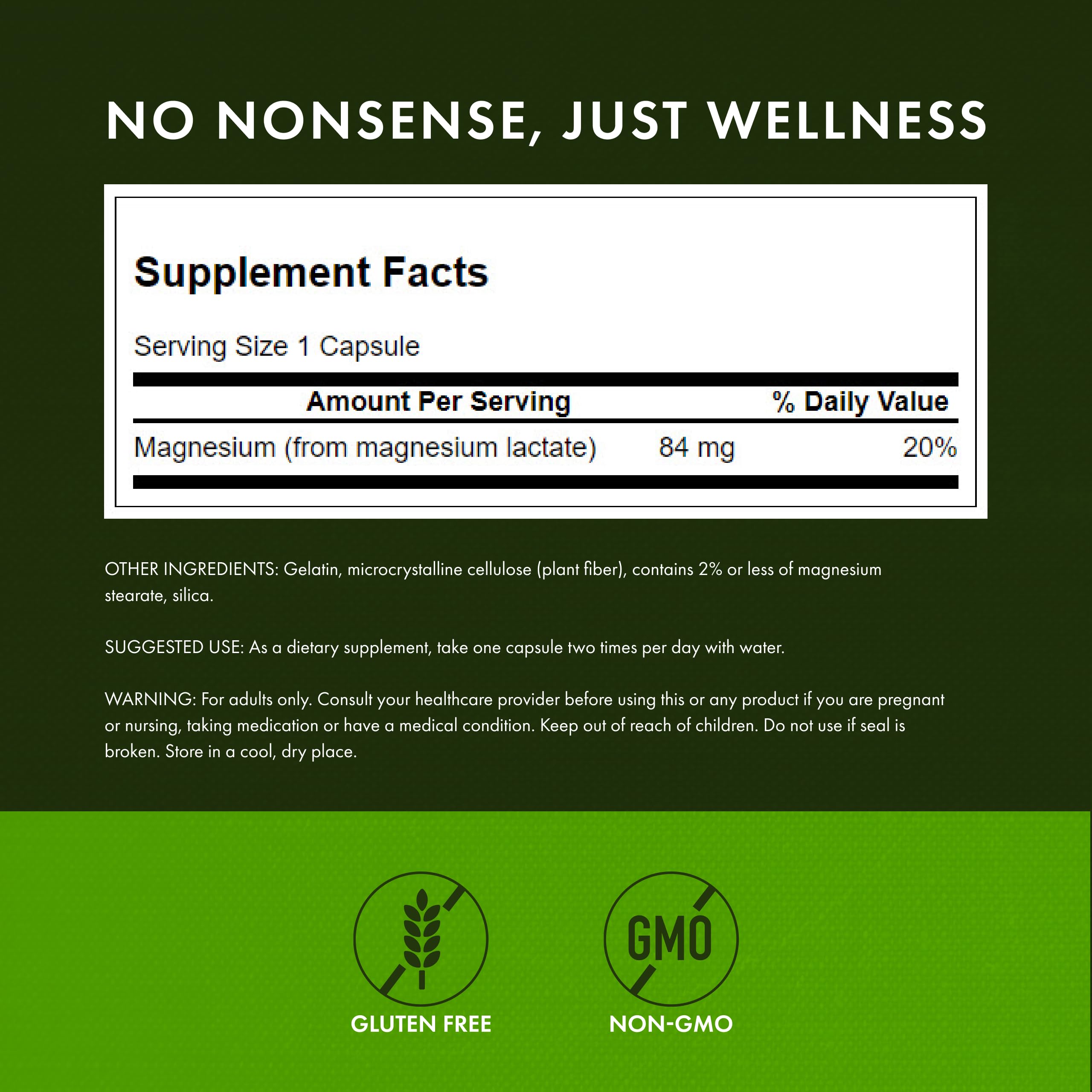 Swanson Magnesium Lactate bottle with capsules displayed