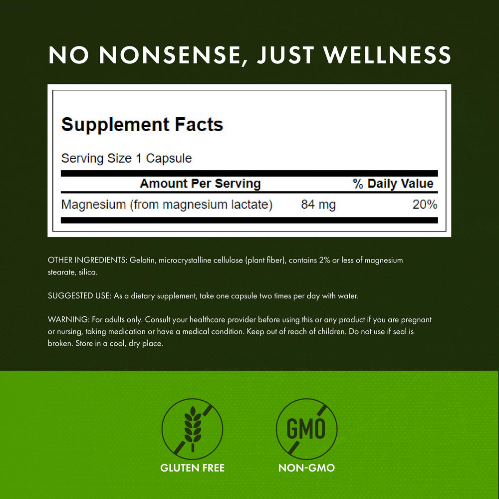 Swanson Magnesium Lactate bottle with capsules displayed