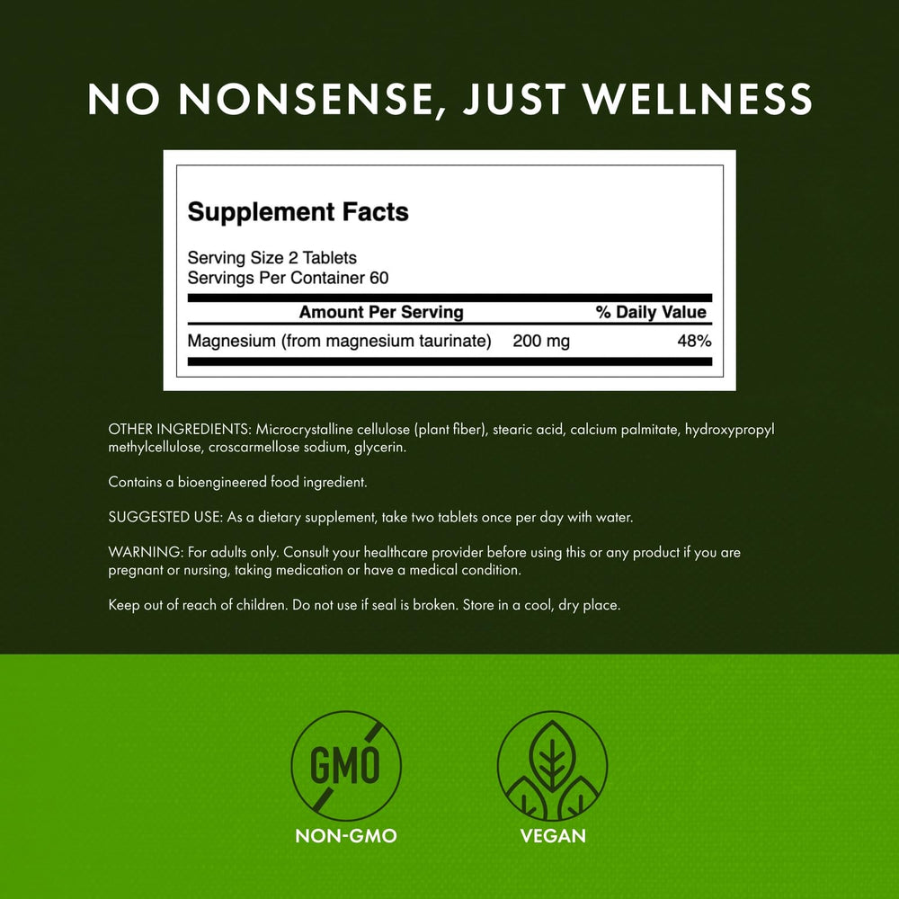 Bottle label highlighting magnesium taurinate blend