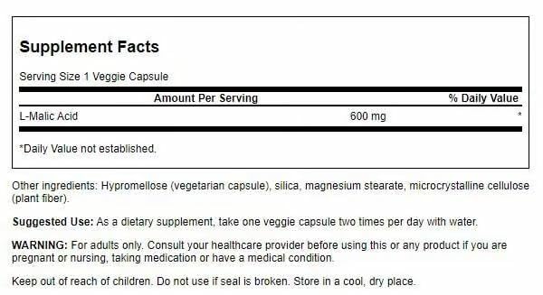 Swanson Malic Acid 600mg capsules bottle with label