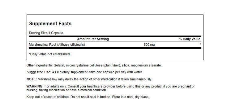 Swanson Marshmallow Root product label showing 500 mg per capsule and 90 capsules