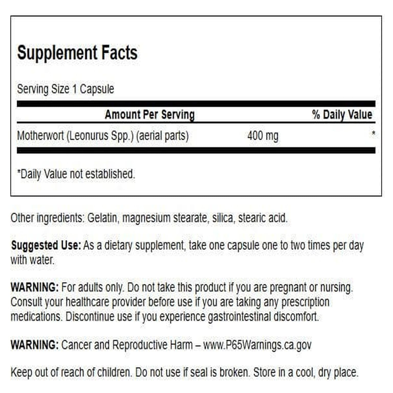 Close up of Swanson Motherwort capsules