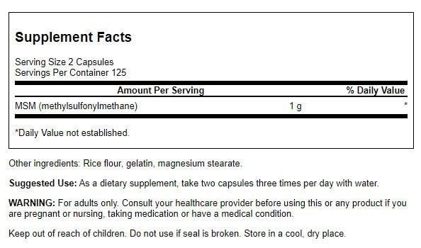Close-up image of Swanson MSM 500 mg 250 capsules bottle