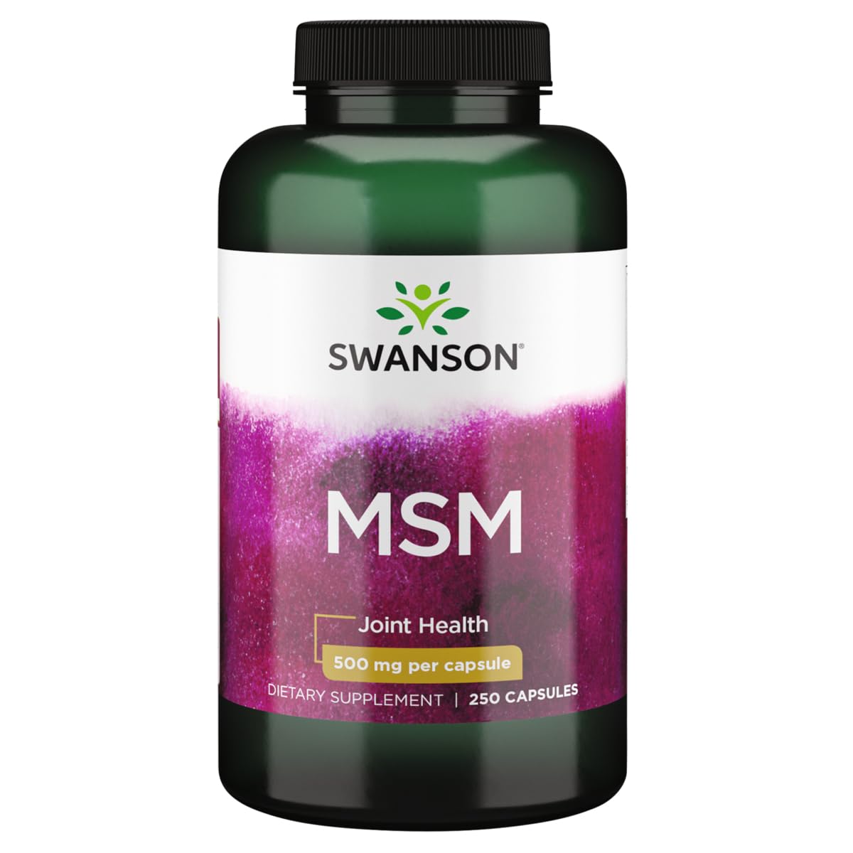 Product image: Swanson MSM 500 mg 250 capsules – bottle and capsules