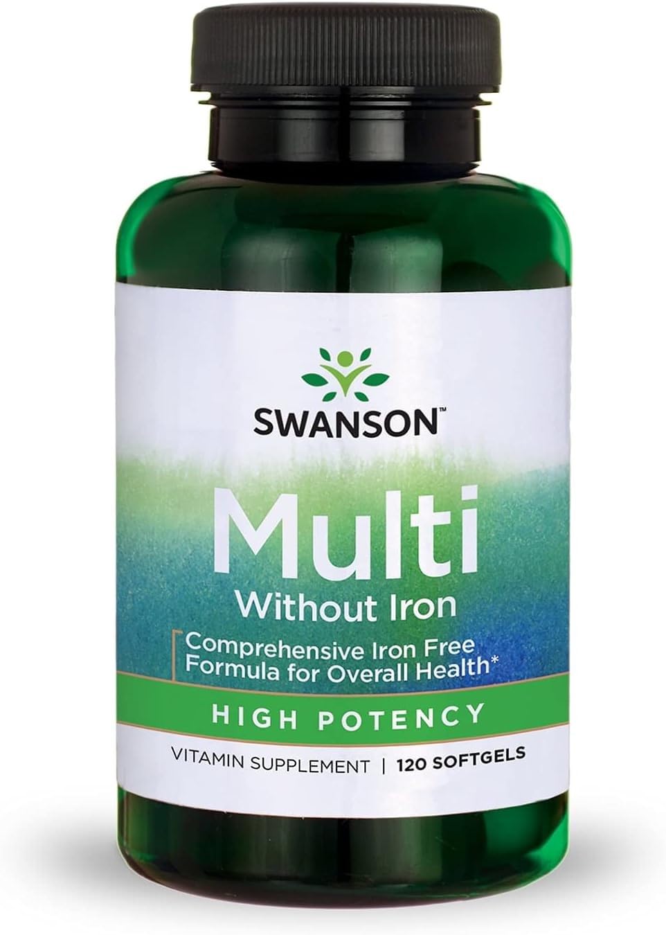 Swanson Multi Without Iron 120-softgels front label highlights iron-free daily mineral support