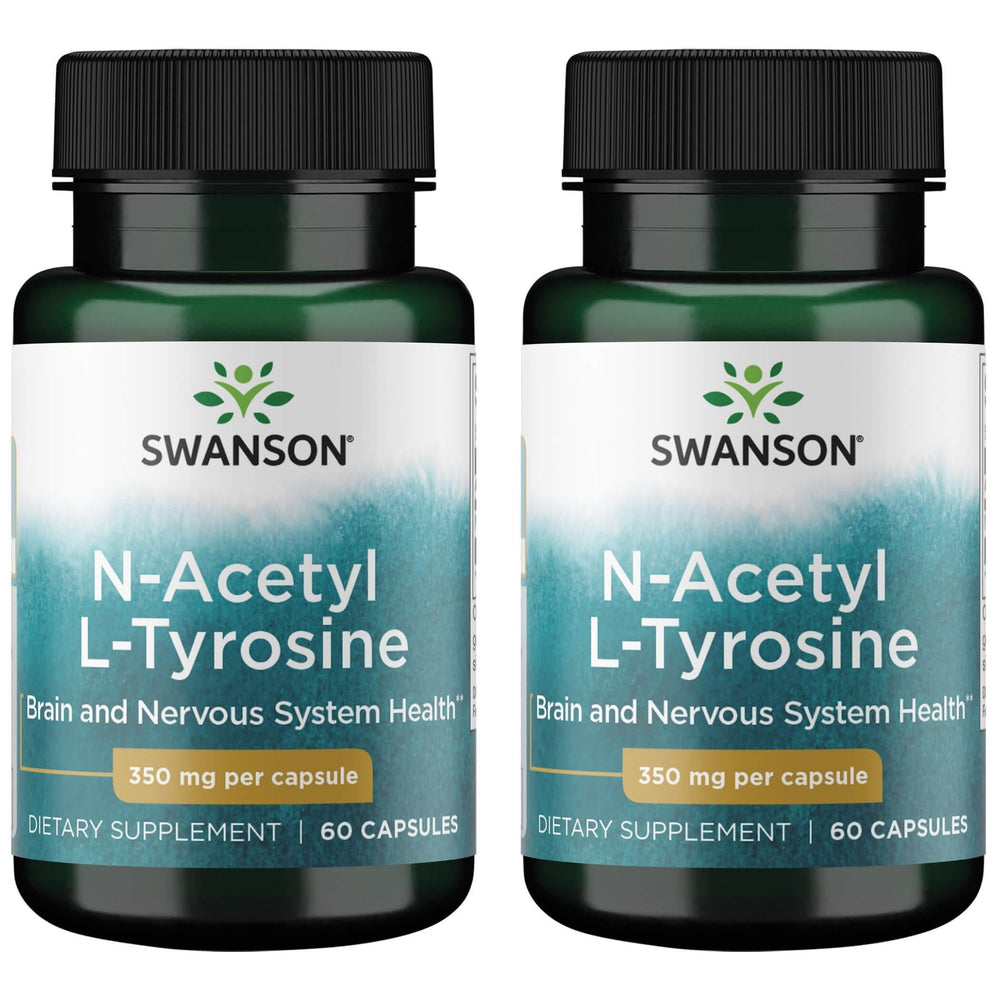 Swanson N-Acetyl L-Tyrosine supplement bottle with 60 capsules (350 mg each), 2-pack for brain health and mood support