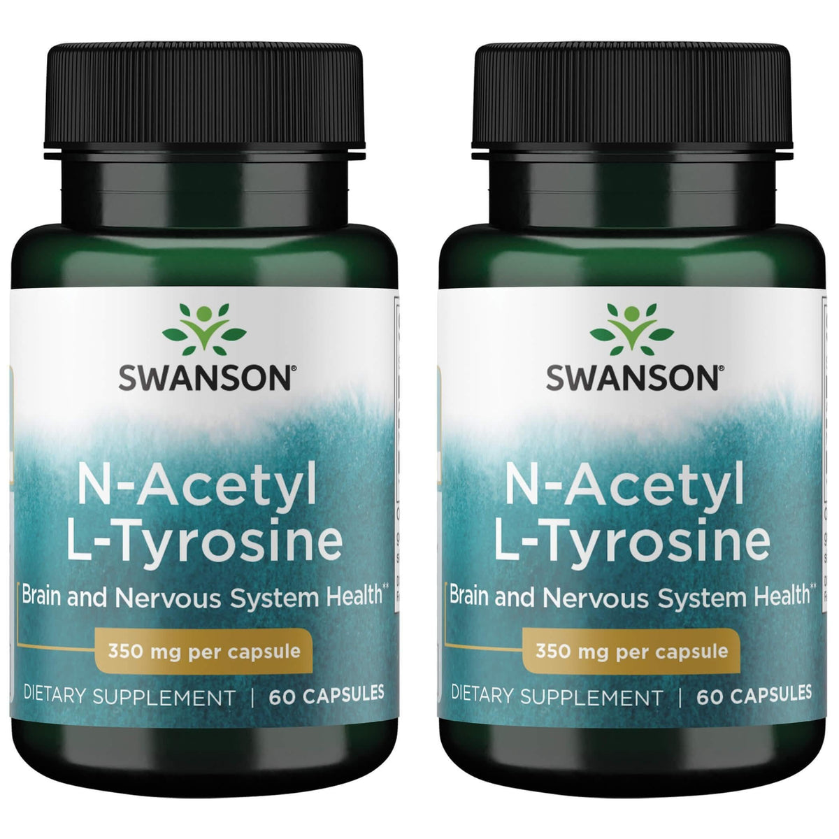 Swanson N-Acetyl L-Tyrosine supplement bottle with 60 capsules (350 mg each), 2-pack for brain health and mood support