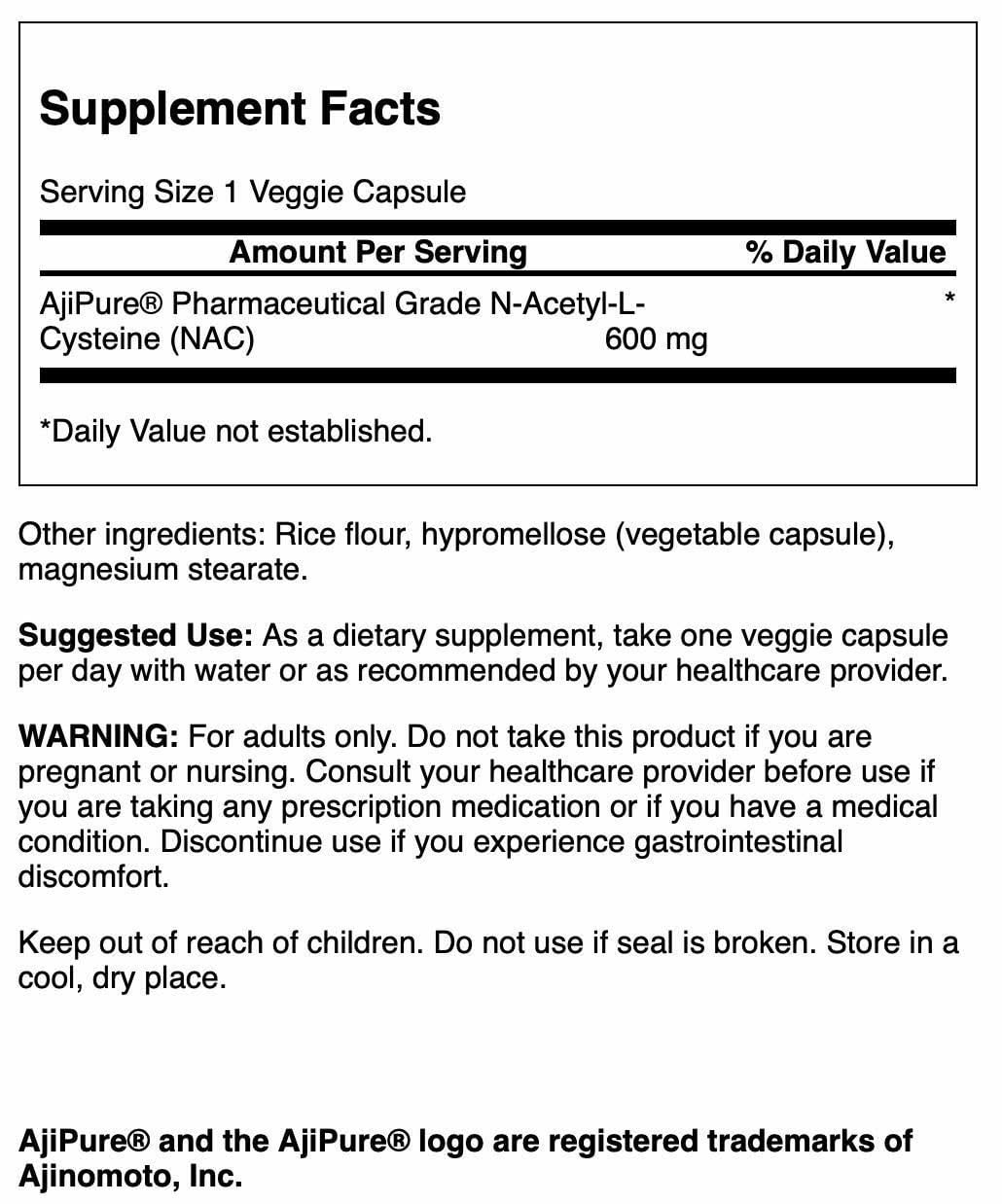 Close-up of NAC 600 mg label on Swanson bottle