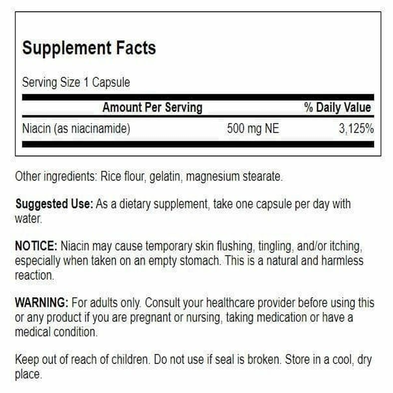 Swanson Niacinamide 500 mg 250 capsules bottle back label
