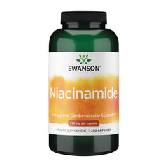 Swanson Niacinamide bottle closeup shows 250 mg capsules for energy support