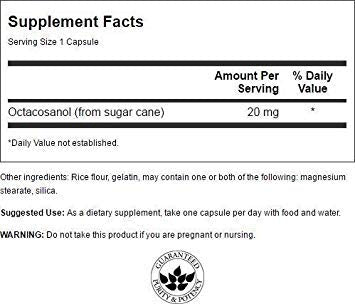 Close-up of Swanson Octacosanol 20 mg packaging and GMP testing label