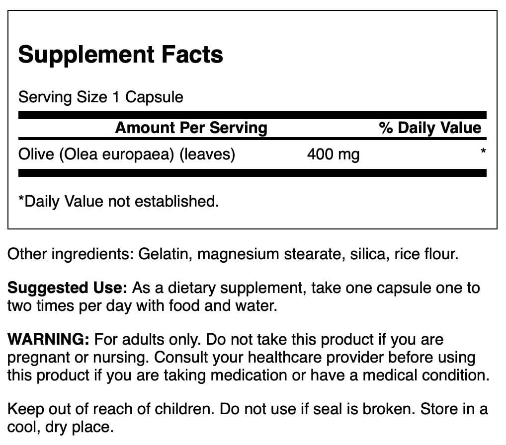Swanson Olive Leaf Full Spectrum 400 mg – 60 capsules bottle label