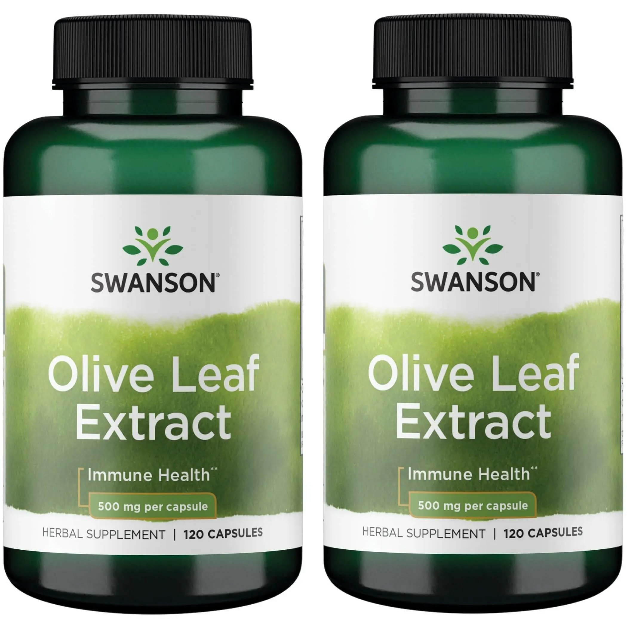 Swanson Olive Leaf Extract capsules front view with 2 bottles