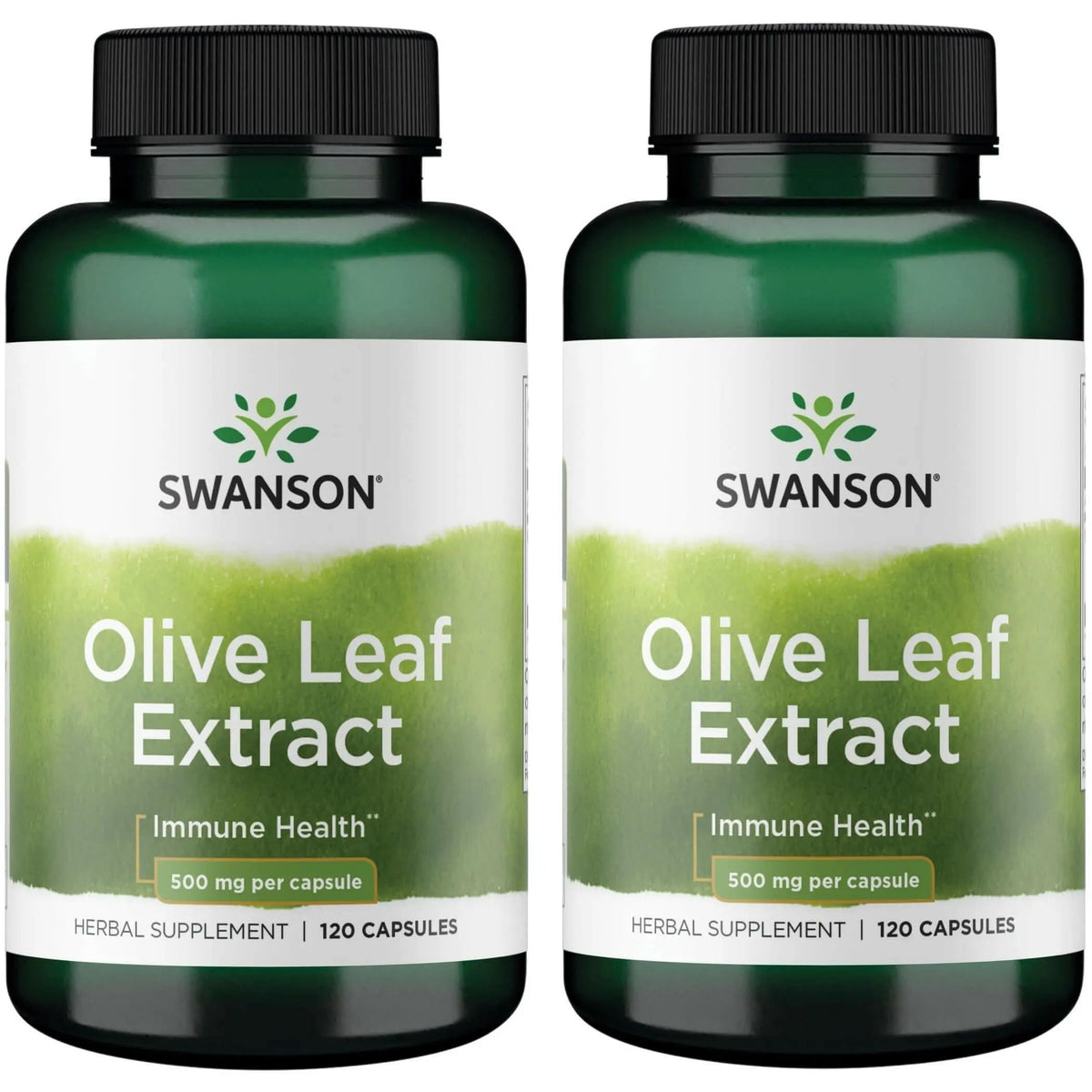 Swanson Olive Leaf Extract capsules front view with 2 bottles