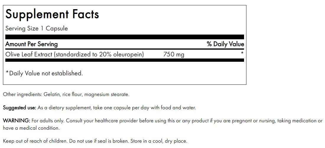 Close-up of Swanson Olive Leaf Extract capsule label highlighting 20% oleuropein
