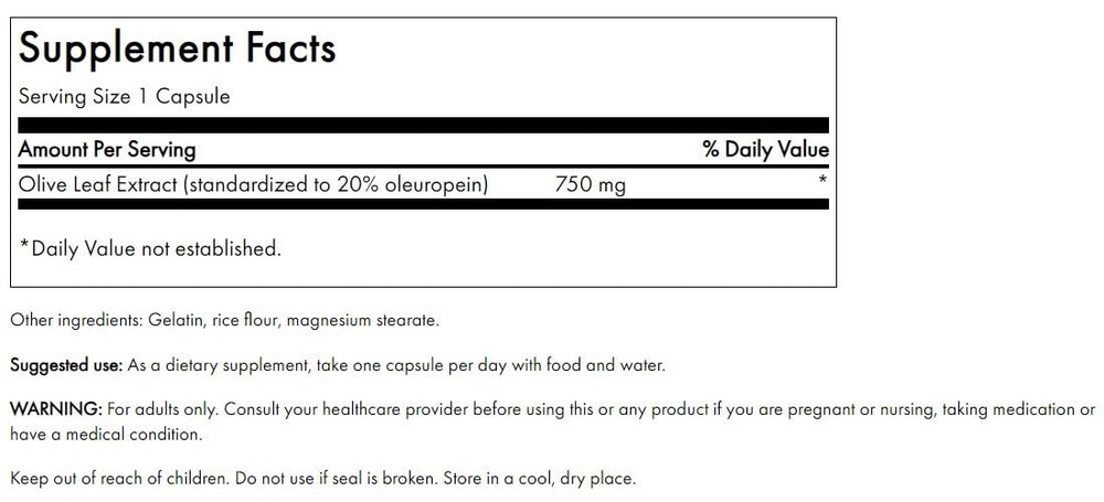 Close-up of Swanson Olive Leaf Extract capsule label highlighting 20% oleuropein
