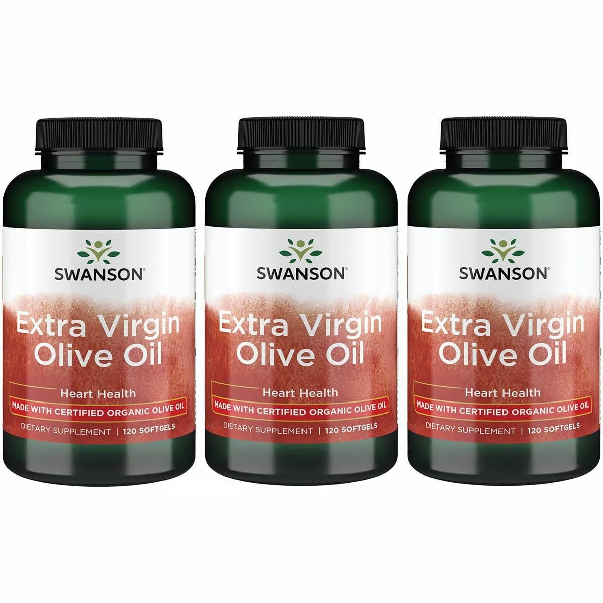 Swanson Extra Virgin Olive Oil Softgels bottle label (120 softgels, 1g each)