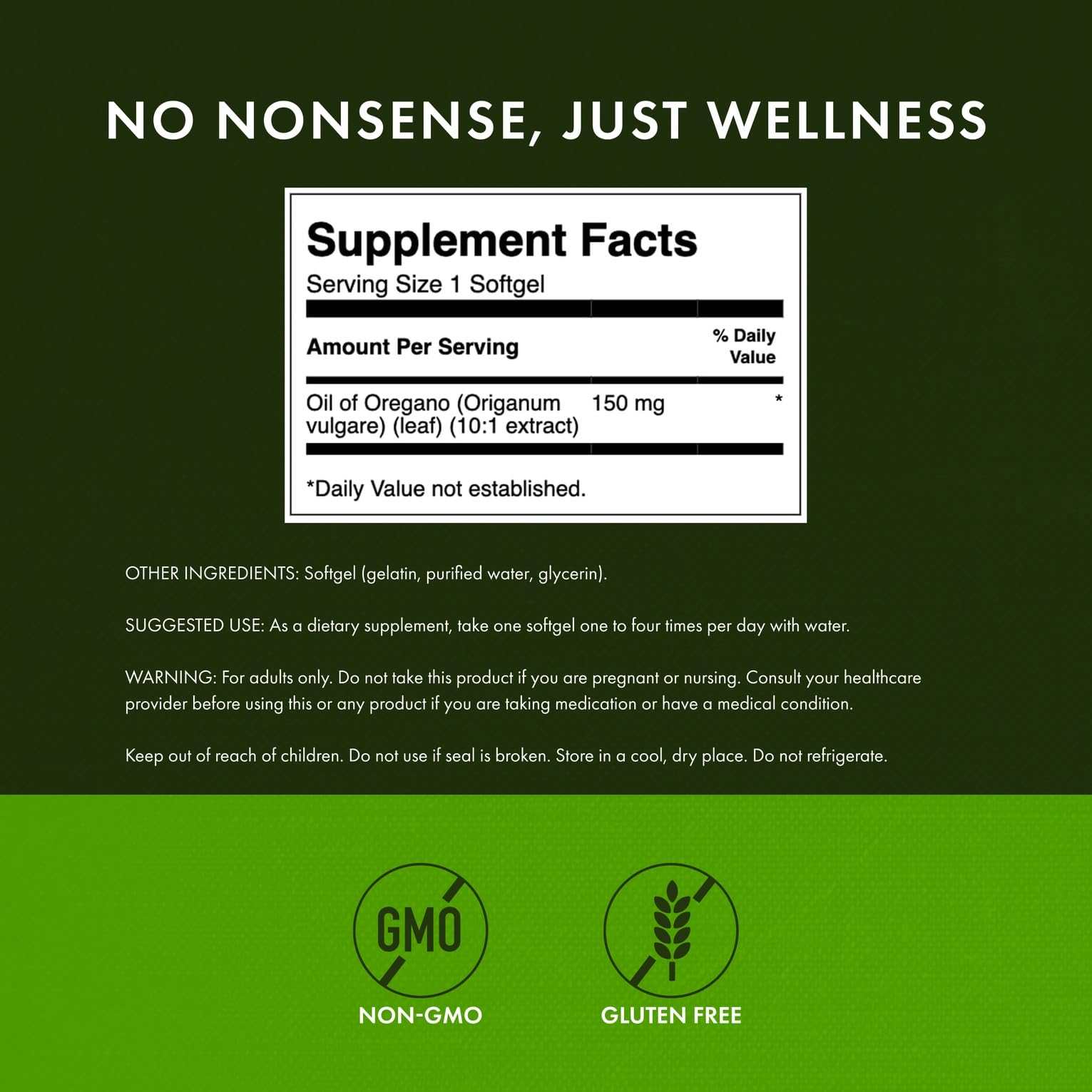 Supplement facts showing 150 mg oregano oil per softgel