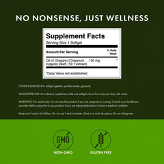 Supplement facts showing 150 mg oregano oil per softgel
