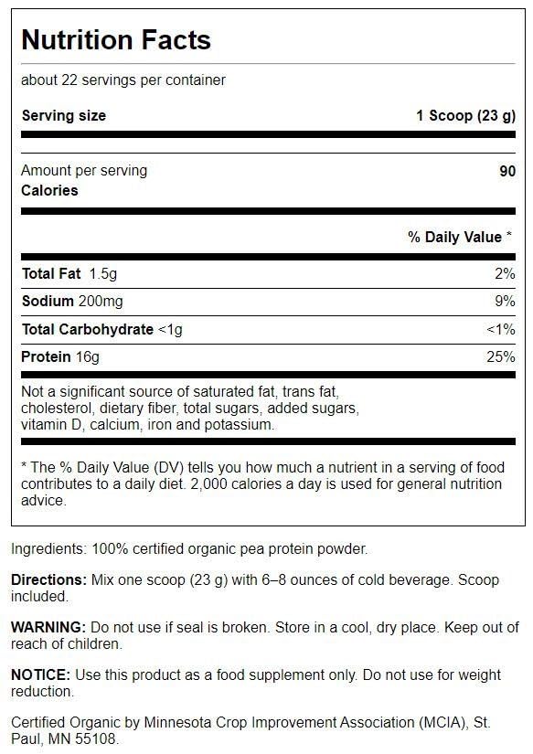 Swanson organic pea protein powder shown with glass for vegan, dairy-free nutrition.