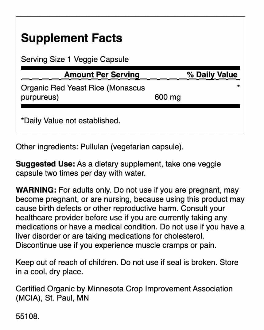 Close-up of Swanson Red Yeast Rice 600 Milligrams label