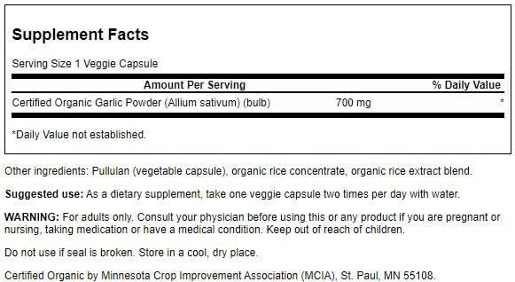 Swanson Organic Whole Garlic 700 mg capsules in bottle